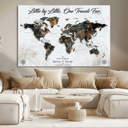 88337180-MGV-CV-36X24-Little by Little One Travels Far Tolkien Quote World Map Rustic Black Brown Adventure Wall Art Canvas Print for Home Office Living