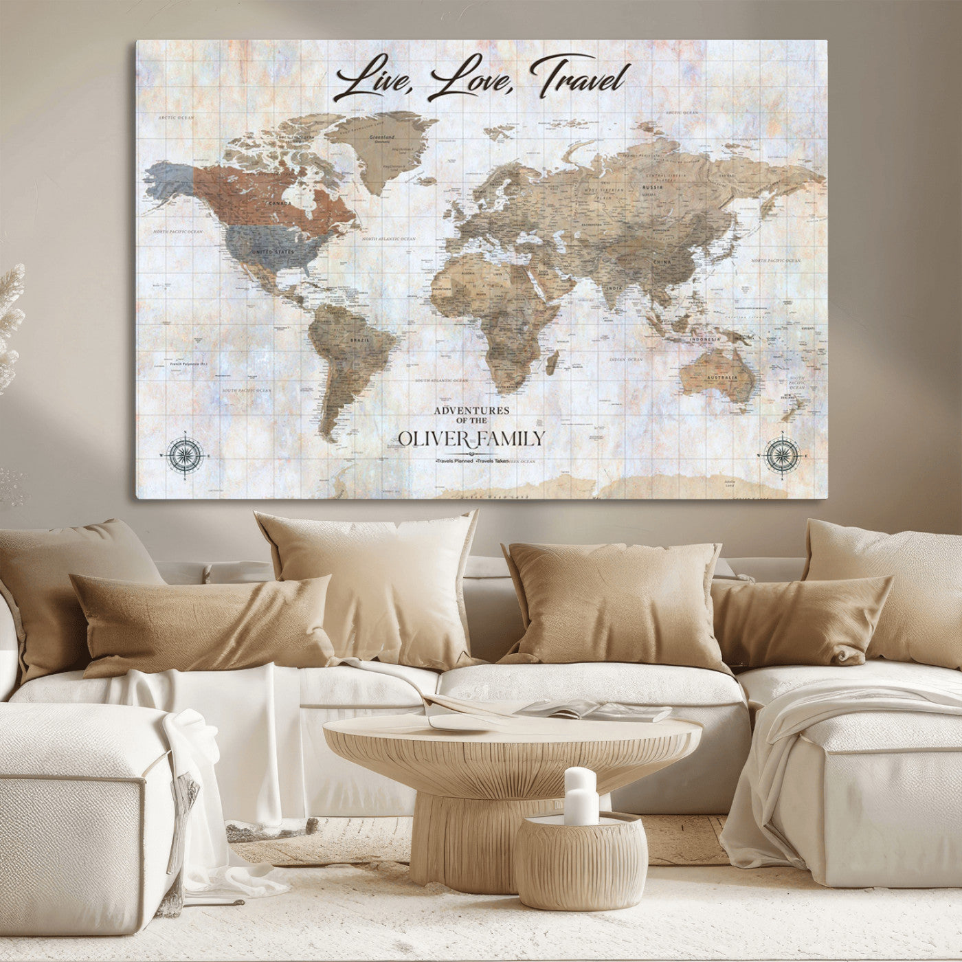 43924907-MGV-CV-36X24-Live Love Travel Wall Art – Neutral World Map Canvas Print, Rustic Adventure Decor for Home, Office or Living Room, Unique Gift