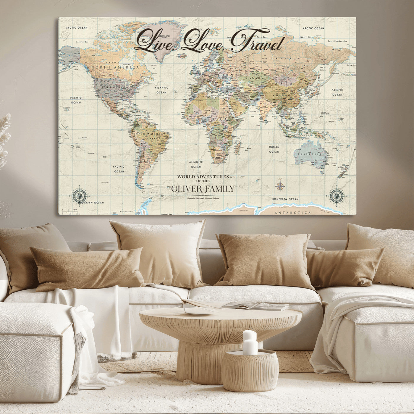 19479008-MGV-CV-36X24-Live Love Travel Wall Art – Detailed World Map Canvas Print, Adventure Decor for Living Room, Office or Bedroom, Travel Gift for