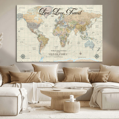 19479008-MGV-CV-36X24-Live Love Travel Wall Art – Detailed World Map Canvas Print, Adventure Decor for Living Room, Office or Bedroom, Travel Gift for