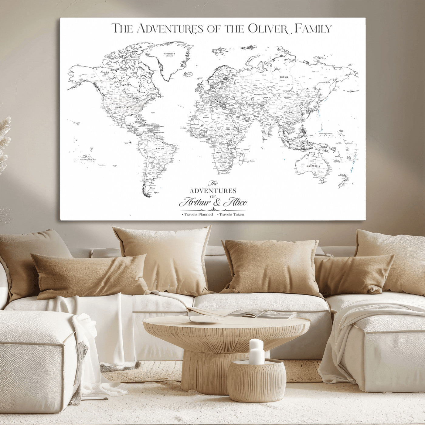 21029247-MGV-CV-36X24-Minimalist World Map Wall Art – Black and White Travel Adventure Print, Modern Family Travel Map Decor for Living Room, Bedroom,