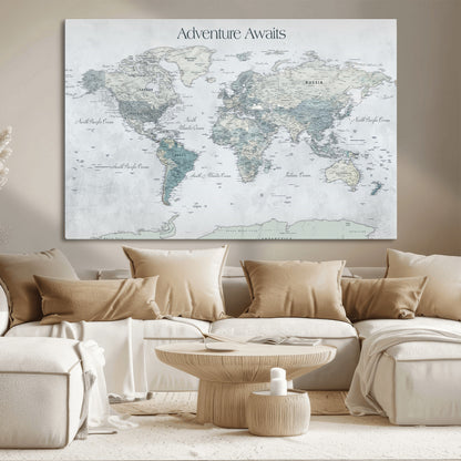 TEST111-MGV-CV-36X24-Personalized Adventure Awaits Push Pin World Map – Custom Framed Travel Tracker Canvas Wall Art for Home, Office