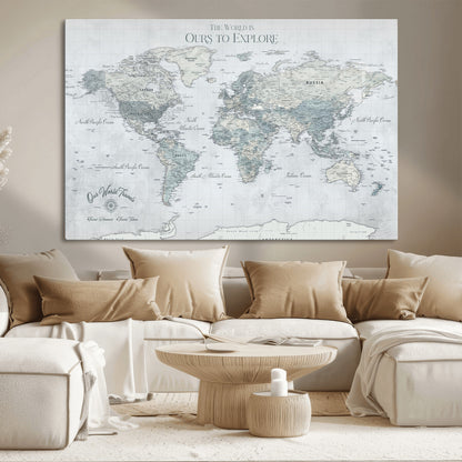 94249974-MGV-CV-36X24-Ours Explore World Map Wall Art – Modern Travel Canvas Print, Neutral Adventure Decor for Living Room, Office, Study, Bedroom,