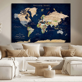 43160428-MGV-CV-36X24-Adventure Awaits Navy Blue World Map – Vibrant Travel Canvas Wall Art, Antique Atlas Print, Wanderlust Decor for Home Office