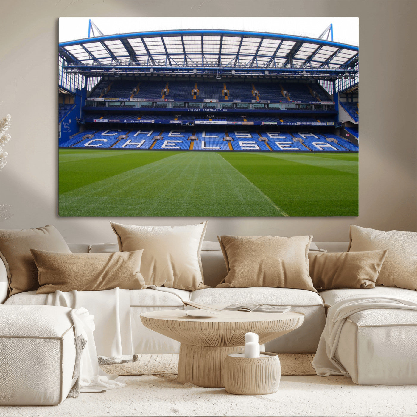 38616413CHELSA-MGV-CV-36X24-Chelsea Stadium Wall Art – Panoramic Football Field Canvas Print, Game Day Sports Decor for Living Room, Office, or Man Cave