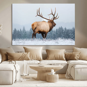 85177251-MGV-CV-36X24-Elk Wall Art – Majestic Wildlife Canvas Print of Bull Elk Snowy Forest, Rustic Nature Decor for Living Room, Cabin, or Office