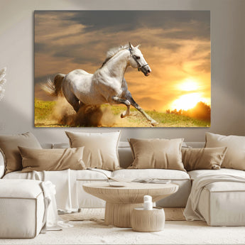 44295212-MGV-CV-36X24-Horse Wall Art – Running White Stallion Canvas Print with Sunset Background, Western Wildlife Decor for Living Room, Office, or