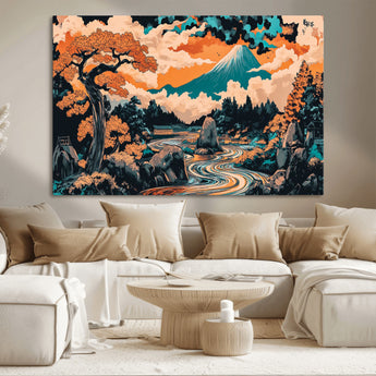 21638941-MGV-CV-36X24-Japanese Landscape Wall Art – Mount Fuji and Flowing River Ukiyo-e Style Canvas Print, Traditional Japan Inspired Artwork for