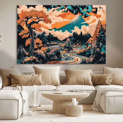 21638941-MGV-CV-36X24-Japanese Landscape Wall Art – Mount Fuji and Flowing River Ukiyo-e Style Canvas Print, Traditional Japan Inspired Artwork for