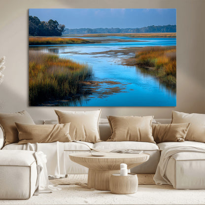 26300004-MGV-CV-36X24-Tranquil Marshland Canvas Wall Art – Blue Water, Reflective Sky, Golden Grasses, Calm Nature Landscape, Scenic Outdoor Beauty for
