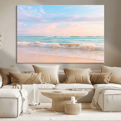 88024944-MGV-CV-36X24-Beach Landscape Wall Art – Coastal Ocean Canvas Print with Gentle Waves and Pastel Sky, Serene Seascape Photography for Living