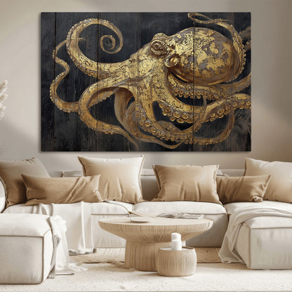 47056538-MGV-CV-36X24-Octopus Wall Art – Gold Nautical Canvas Print with Rustic Wood Texture, Marine Creature Artwork for Coastal Ocean Decoration in