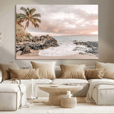18005328-MGV-CV-36X24-Tropical Beach Canvas Wall Art – Palm Tree, Rocky Shoreline, Ocean Waves, Sunset Clouds, Calm Sea, Island Nature Relaxation for