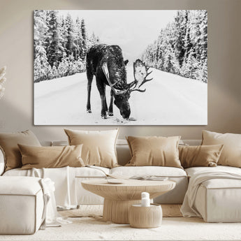 38956835-MGV-CV-36X24-Moose Winter Snowy Forest Canvas Wall Art – Wildlife Nature, Antlers in Frozen Landscape, Quiet Path, Cold Season Outdoors Print