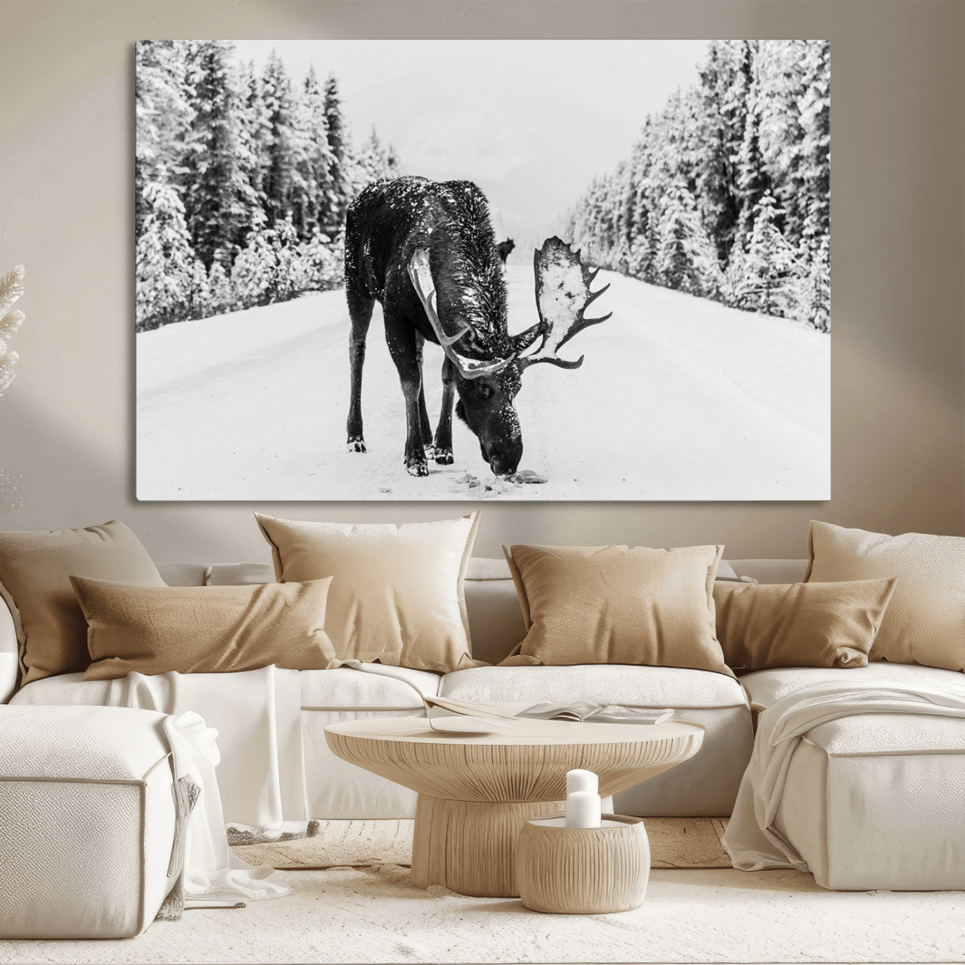 38956835-MGV-CV-36X24-Moose Wall Art – Black and White Wildlife Canvas Print with Snowy Forest Road, Rustic Nature Photography for Cabin, Lodge, Living