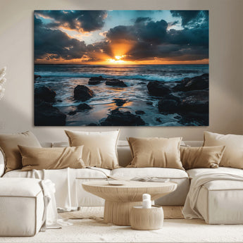 66040852-MGV-CV-36X24-Ocean Sunset Canvas Wall Art – Rocky Shore Waves, Dramatic Clouds, Golden Sun Rays, Coastal Nature, Serene Water Reflection for