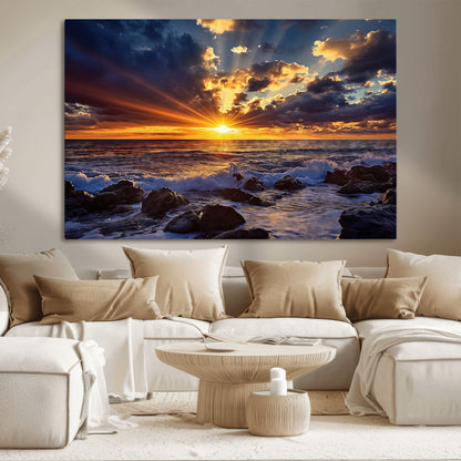35900590-MGV-CV-36X24-Ocean Sunset Wall Art – Vivid Seascape Canvas Print with Sunburst Sky, Crashing Waves and Rocky Shore, Dramatic Coastal