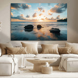 23879436-MGV-CV-36X24-Ocean Sunset Wall Art – Serene Seascape Canvas Print with Golden Sky, Reflections on Sand and Calm Waves, Peaceful Coastal