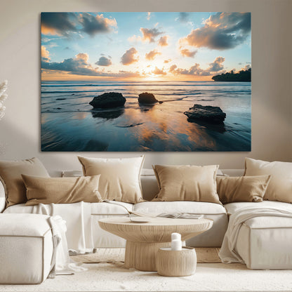 23879436-MGV-CV-36X24-Ocean Sunset Wall Art – Serene Seascape Canvas Print with Golden Sky, Reflections on Sand and Calm Waves, Peaceful Coastal