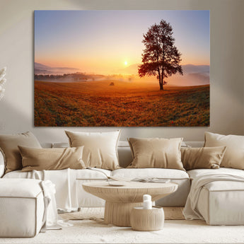 57919623-MGV-CV-36X24-Sunrise Landscape Wall Art – Golden Morning Canvas Print with Tree, Misty Hills and Open Field, Peaceful Nature Photography for