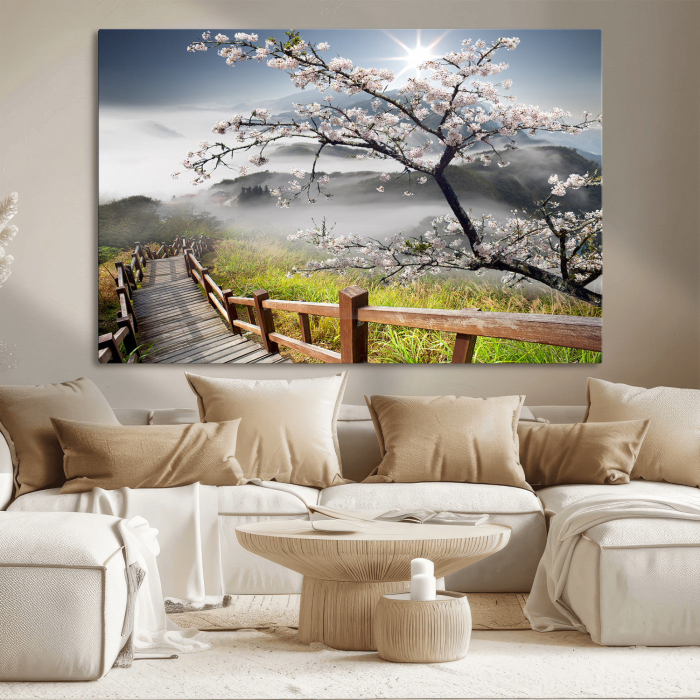 34632598CRY-MGV-CV-36X24-Cherry Blossom Wall Art – Scenic Asian Landscape Canvas Print with Wooden Walkway, Misty Mountains and Sunrise, Serene Nature