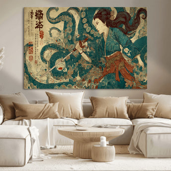 46837670-MGV-CV-36X24-Tsukioka Yoshitoshi Samurai Wall Art Print, Japanese Katana Warrior Canvas Wall Art, Octopus Sea Monster Canvas Print,