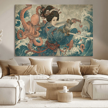 52037775-MGV-CV-36X24-Tsukioka Yoshitoshi Samurai Wall Art Print, Japanese Katana Warrior Canvas Wall Art, Octopus Sea Monster Canvas Print,