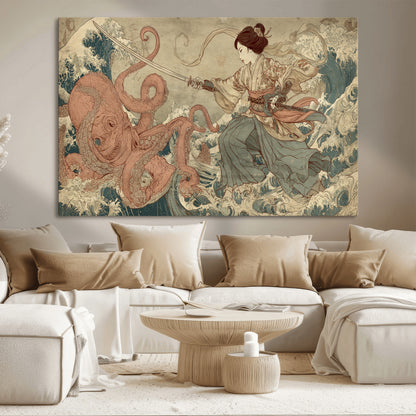 54879547-MGV-CV-36X24-Tsukioka Yoshitoshi Samurai Wall Art Print, Japanese Katana Warrior Canvas Wall Art, Octopus Sea Monster Canvas Print,