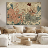 54879547-MGV-CV-36X24-Samurai Woman Wall Art – Japanese Ukiyo-e Style Canvas Print with Katana and Octopus, Traditional Asian Inspired Battle Artwork