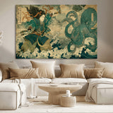 24416422-MGV-CV-36X24-Tsukioka Yoshitoshi Samurai Wall Art Print, Japanese Katana Warrior Canvas Wall Art, Octopus Sea Monster Canvas Print,