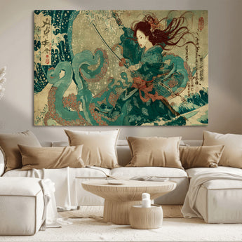 86918027-MGV-CV-36X24-Tsukioka Yoshitoshi Samurai Wall Art Print, Japanese Katana Warrior Canvas Wall Art, Octopus Sea Monster Canvas Print,