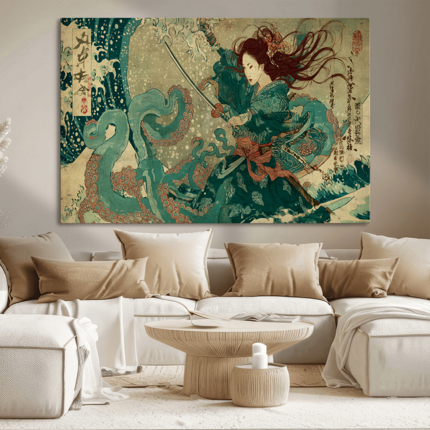 86918027-MGV-CV-36X24-Samurai Warrior vs Octopus Wall Art – Japanese Ukiyo-e Ocean Battle Canvas Print, Traditional Samurai Artwork for Living Room,