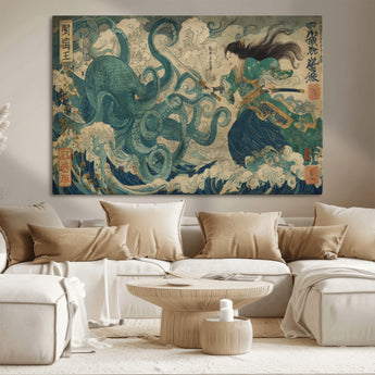 60346622-MGV-CV-36X24-Samurai Warrior vs Octopus Wall Art – Japanese Ukiyo-e Style Ocean Battle Canvas Print, Traditional Samurai Artwork for Living