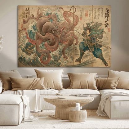 63782167-MGV-CV-36X24-Tsukioka Yoshitoshi Samurai Wall Art Print, Japanese Katana Warrior Canvas Wall Art, Octopus Sea Monster Canvas Print,