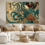 18575670-MGV-CV-36X24-Samurai Woman vs Octopus Wall Art – Japanese Ukiyo-e Ocean Battle Canvas Print, Traditional Warrior Artwork for Living Room,