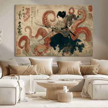 50812504-MGV-CV-36X24-Samurai Woman vs Octopus Wall Art – Japanese Ukiyo-e Red Tentacle Canvas Print, Ocean Battle Artwork for Living Room, Office, Man