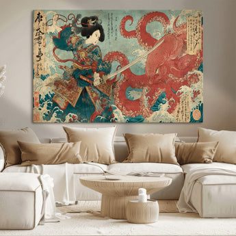 68844327-MGV-CV-36X24-Tsukioka Yoshitoshi Samurai Wall Art Print, Japanese Katana Warrior Canvas Wall Art, Octopus Sea Monster Canvas Print,