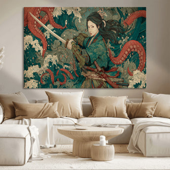 35461724-MGV-CV-36X24-Samurai Woman vs Octopus Wall Art – Japanese Ukiyo-e Ocean Waves Canvas Print, Red Tentacle Battle Artwork for Living Room,