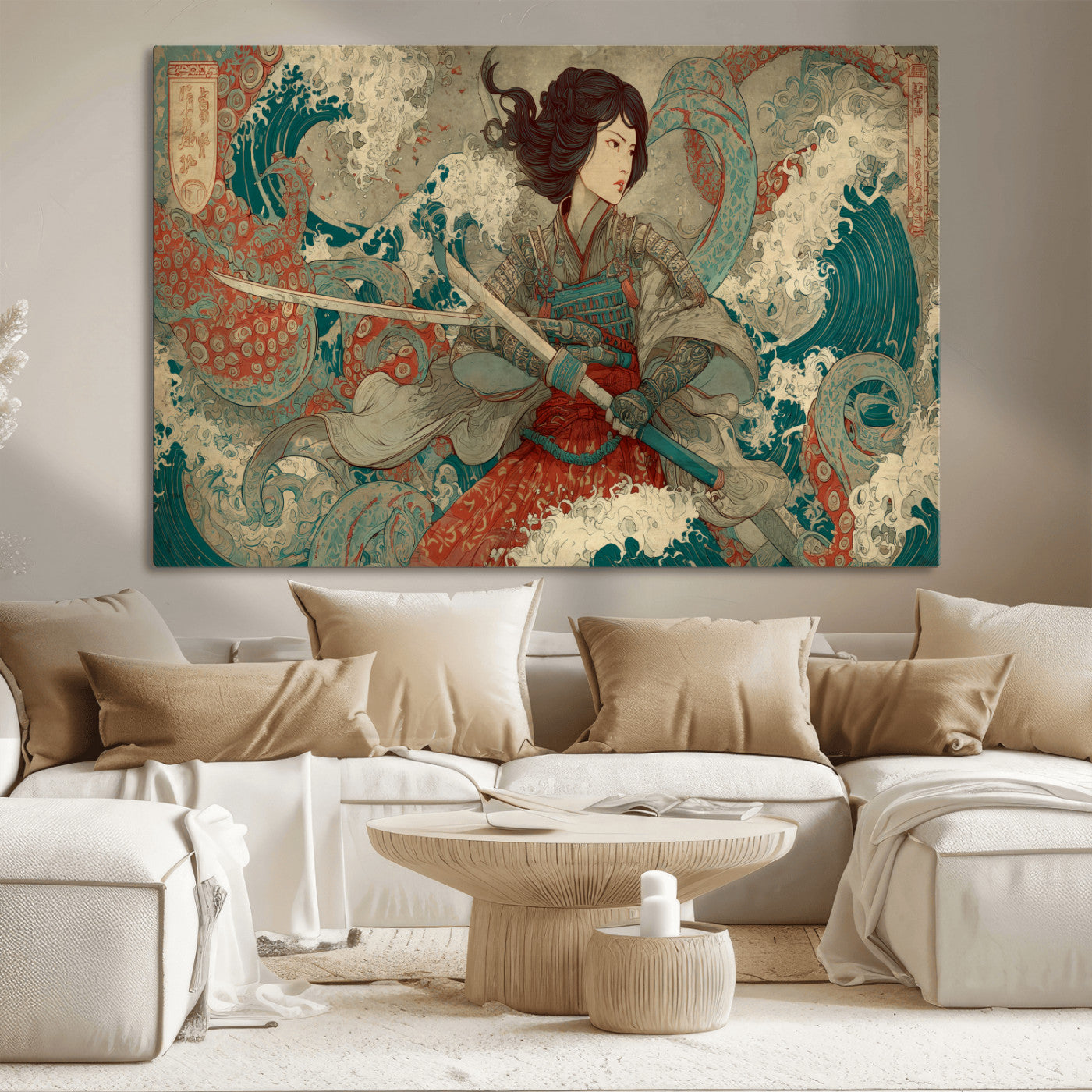 63377977-MGV-CV-36X24-Tsukioka Yoshitoshi Samurai Wall Art Print, Japanese Katana Warrior Canvas Wall Art, Octopus Sea Monster Canvas Print,