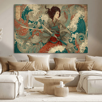 63377977-MGV-CV-36X24-Tsukioka Yoshitoshi Samurai Wall Art Print, Japanese Katana Warrior Canvas Wall Art, Octopus Sea Monster Canvas Print,