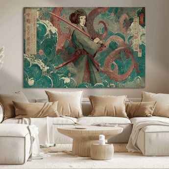 91666601-MGV-CV-36X24-Samurai Woman vs Octopus Wall Art – Japanese Ukiyo-e Green Robe Canvas Print, Ocean Battle Artwork for Living Room, Office, Man