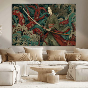 18902796-MGV-CV-36X24-Samurai Woman vs Octopus Wall Art – Japanese Ukiyo-e Green Kimono Canvas Print, Ocean Battle Scene Artwork for Living Room,