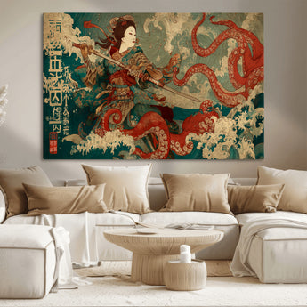 60201267-MGV-CV-36X24-Samurai Woman vs Octopus Wall Art – Japanese Ukiyo-e Armor Canvas Print, Red Tentacle Ocean Battle Artwork for Living Room,