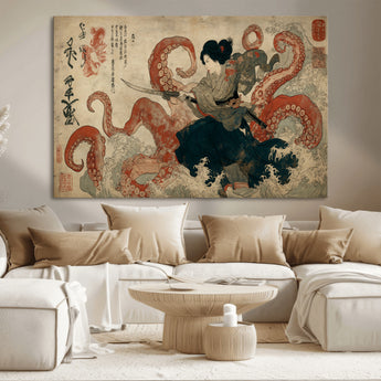 82737246-MGV-CV-36X24-Samurai Woman vs Octopus Wall Art – Japanese Ukiyo-e Dual Sword Canvas Print, Red Tentacle Ocean Battle Artwork for Living Room,