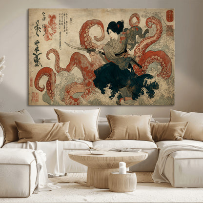 82737246-MGV-CV-36X24-Samurai Woman vs Octopus Wall Art – Japanese Ukiyo-e Dual Sword Canvas Print, Red Tentacle Ocean Battle Artwork for Living Room,