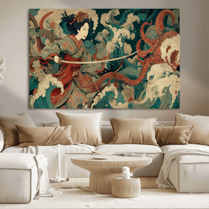 30212982-MGV-CV-36X24-Samurai Woman vs Octopus Wall Art – Japanese Ukiyo-e Style Warrior and Sea Monster Canvas Print, Mythology Inspired Artwork for