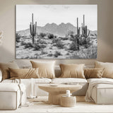 97436PHN-MGV-CV-36X24-Desert Landscape Wall Art – Black and White Cactus and Mountain Canvas Print, Southwestern Nature Photography for Living Room,