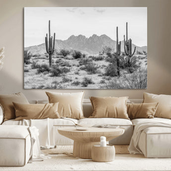 97436PHN-MGV-CV-36X24-Desert Landscape Wall Art – Black and White Cactus and Mountain Canvas Print, Southwestern Nature Photography for Living Room,