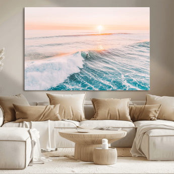 34064591-MGV-CV-36X24-Surfing Wall Art – Sunset Ocean Wave Canvas Print, Surfer Riding Sea Photography Decor for Bedroom, Living Room, Office, Coastal
