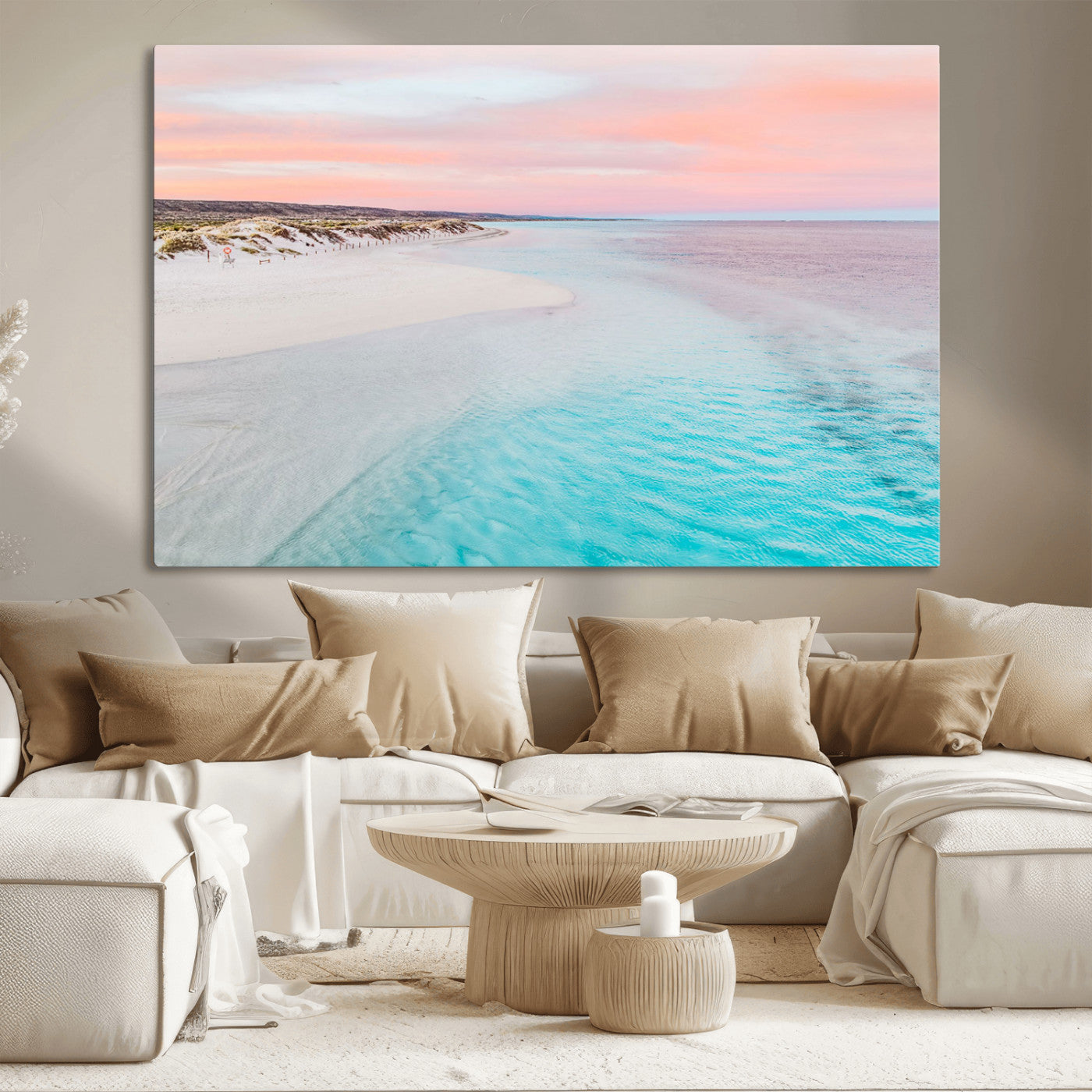 41613614-MGV-CV-36X24-Beach Sunset Wall Art – Pastel Ocean Canvas Print, Turquoise Water and Pink Sky Photography Decor for Bedroom, Living Room, Office